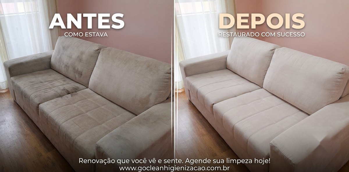 Sofá antes e depois da higienização profissional da Go Clean: manchas removidas e tecido renovado